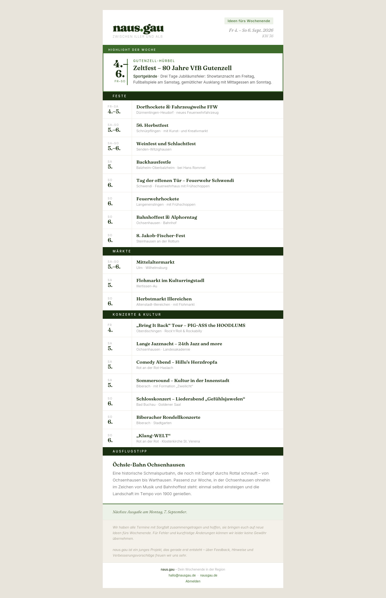 Beispielausgabe des naus.gau Newsletters vom 4. September mit Highlight, Terminen und Ausflugstipp